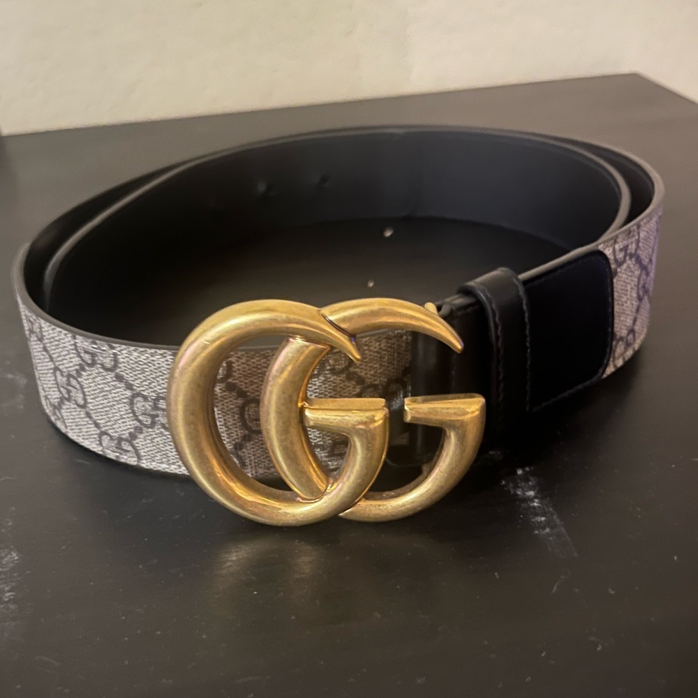 Gucci GG belt with Double G buckle - grey, black and gold - slightly worn